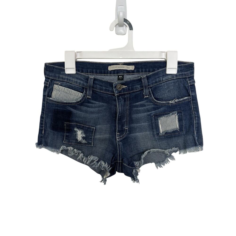 Flying Monkey Low Rise Patchwork Jean Shorts 30 Raw Hem Stretch USA Retro Y2K